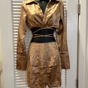 PrettyLittleThing Bronze Floral Satin Wrap Crop Top & Skirt Set